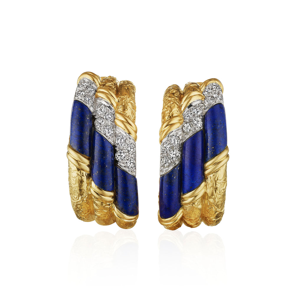Macklowe Gallery Van Cleef & Arpels Mid-century Lapis and Diamond Hoop Earrings