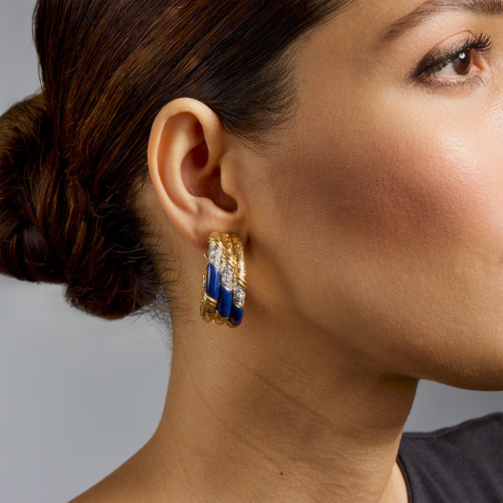 Macklowe Gallery Van Cleef & Arpels Mid-century Lapis and Diamond Hoop Earrings