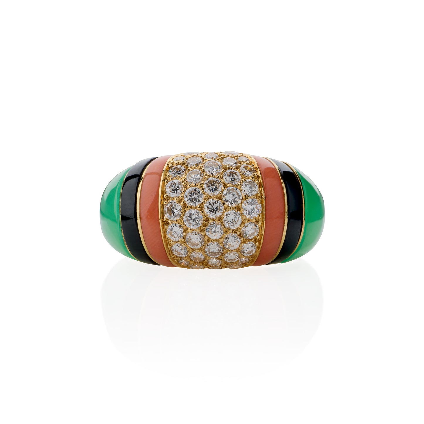Macklowe Gallery Van Cleef & Arpels Diamond, Chrysoprase and Coral Bombé Ring
