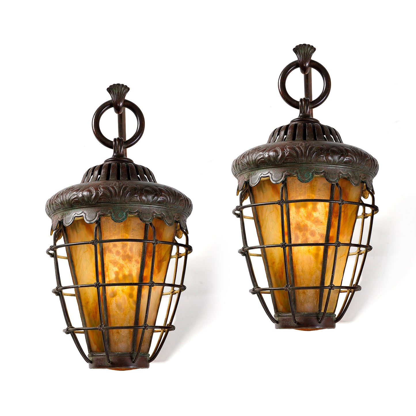 Macklowe Gallery Tiffany Studios New York Pair of "Caged Lantern" Sconces